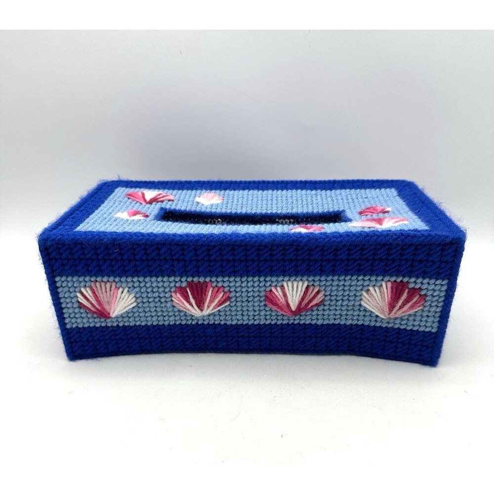 Finished Tissue Box Holder Plastic Canvas Blue with Pink Seashells